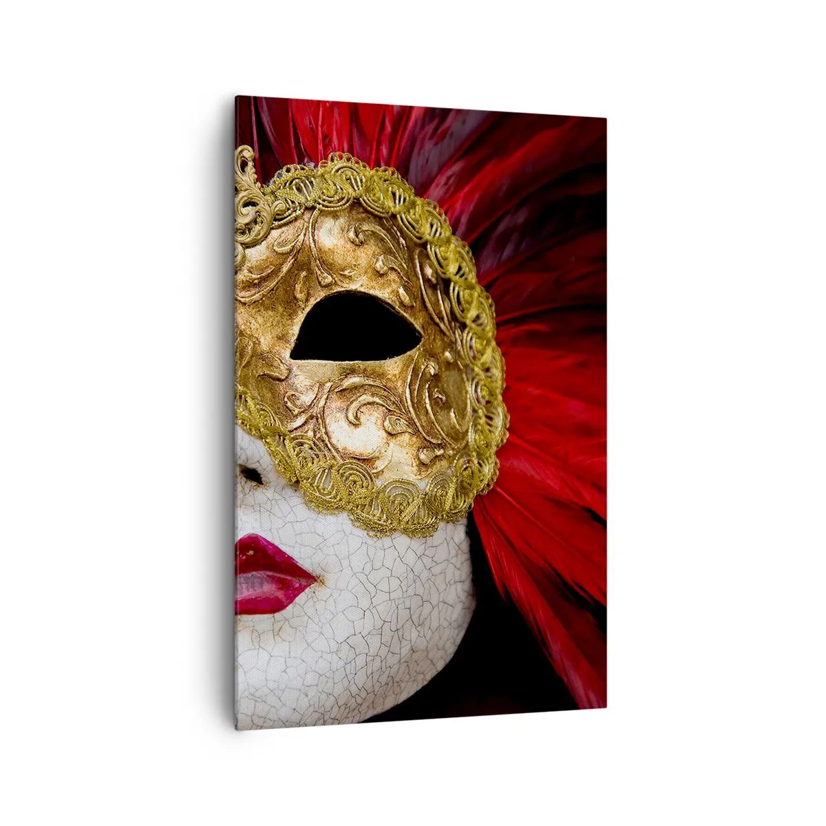 Impression sur toile - Image sur toile - Masque vénitien doré avec plumes rouges - 80x120cm - La promesse d'une aventure carnavalesque - Décoration murale moderne pour le salon et la chambre ARTTOR