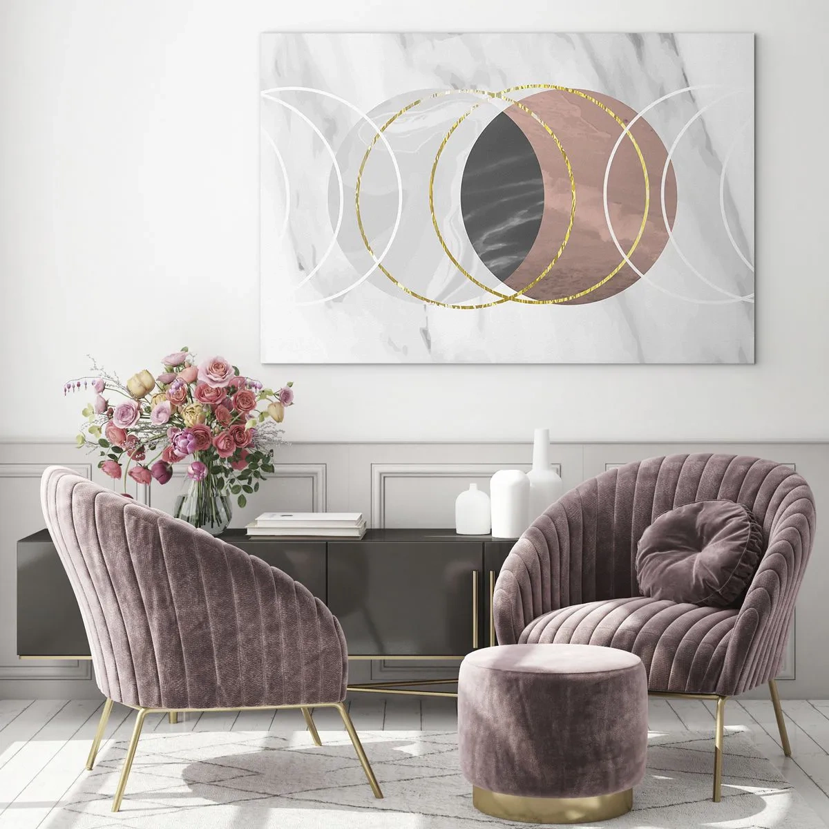 Impression sur verre - Image sur verre - Cercles géométriques dans des tons de cuivre, d'or et de marbre - 120x80cm - Musique des sphères - Décoration murale moderne pour le salon et la chambre ARTTOR