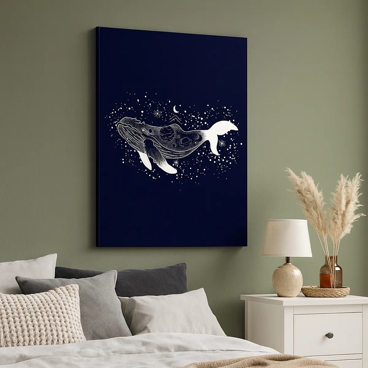 Impression sur toile - Image sur toile - Une illustration graphique d'une baleine dans un style de l'ère spatiale. - 50x70cm - Dans l'océan de l'univers - Décoration murale moderne pour le salon et la chambre ARTTOR