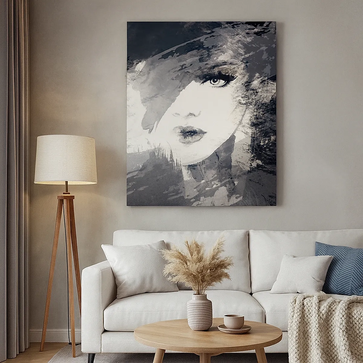 Impression sur toile - Image sur toile - Un portrait abstrait d'une femme dans des tons de gris avec des accents délicats. - 50x70cm - Derrière un voile gris - Décoration murale moderne pour le salon et la chambre ARTTOR