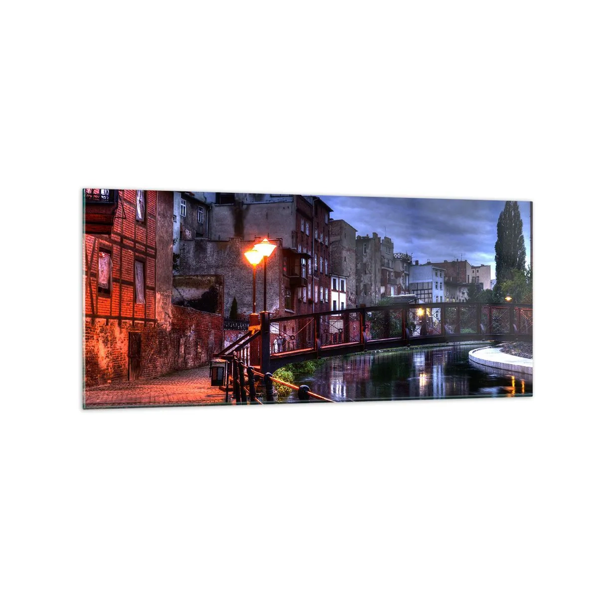 Impression sur verre - Image sur verre - Vue nocturne des immeubles d'habitation et du pont sur le canal - 120x50cm - Tu n'as pas connu ce Bydgoszcz - Décoration murale moderne pour le salon et la chambre ARTTOR