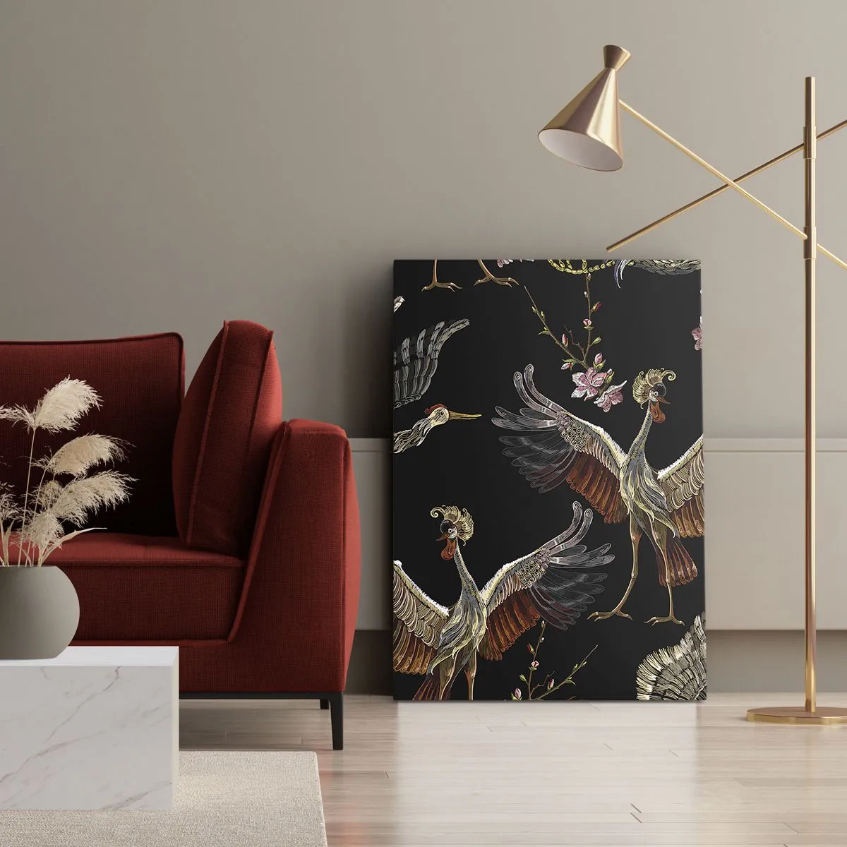 Impression sur toile - Image sur toile - Grues et fleurs élégantes sur fond noir - 80x120cm - Un oiseau de conte de fées - Décoration murale moderne pour le salon et la chambre ARTTOR