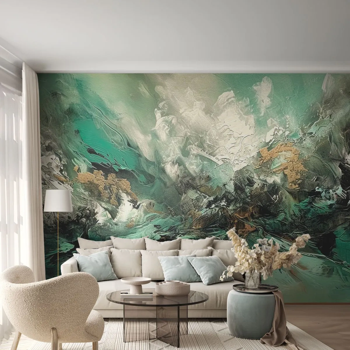 Papier Peint Photo Standard Eco - Ressac émeraude et noir - Abstraction, Morceau, Peinture - 400x280 cm