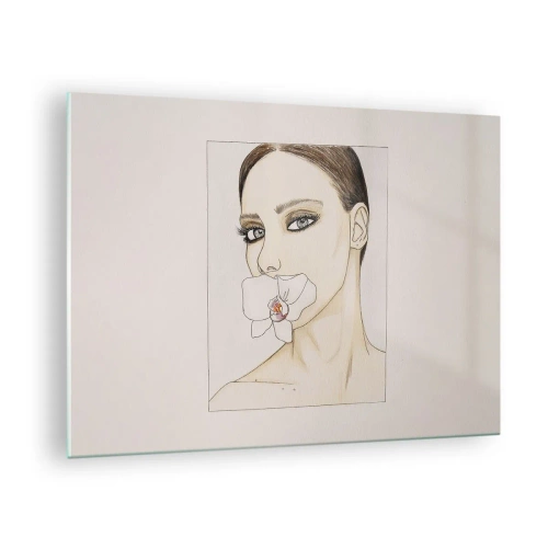 Impression sur verre - Image sur verre - Portrait d'une femme avec une orchidée dans la bouche sur un fond clair - 70x50cm - Symbole de l'élégance et de la beauté - Décoration murale moderne pour le salon et la chambre ARTTOR