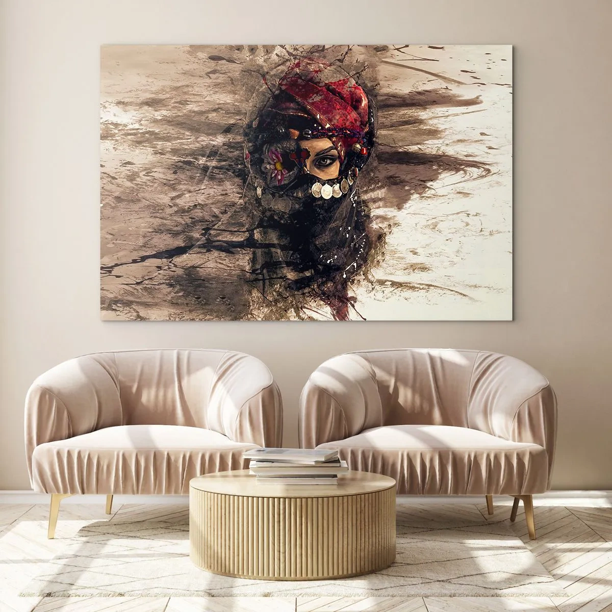 Impression sur verre - Image sur verre - Portrait d'une femme mystérieuse au turban rouge - 100x70cm - Inquiétant, c'est le moins qu'on puisse dire - Décoration murale moderne pour le salon et la chambre ARTTOR