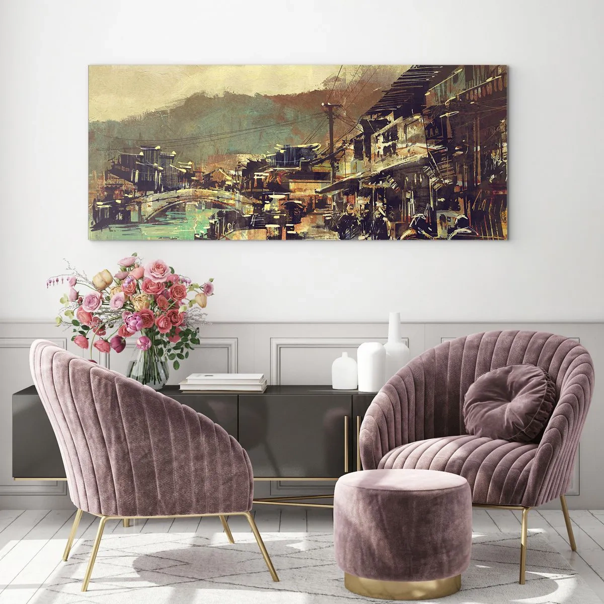 Impression sur verre - Image sur verre - Une ville avec un pont et des rues au style artistique - 160x50cm - La vie comme une richesse de gris - Décoration murale moderne pour le salon et la chambre ARTTOR