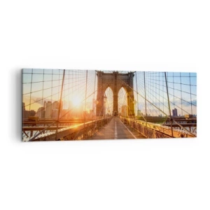 Impression sur toile - Image sur toile - Le pont à la lumière du soleil couchant avec vue sur la ville - 140x50cm - Sur le pont d'or - Décoration murale moderne pour le salon et la chambre ARTTOR
