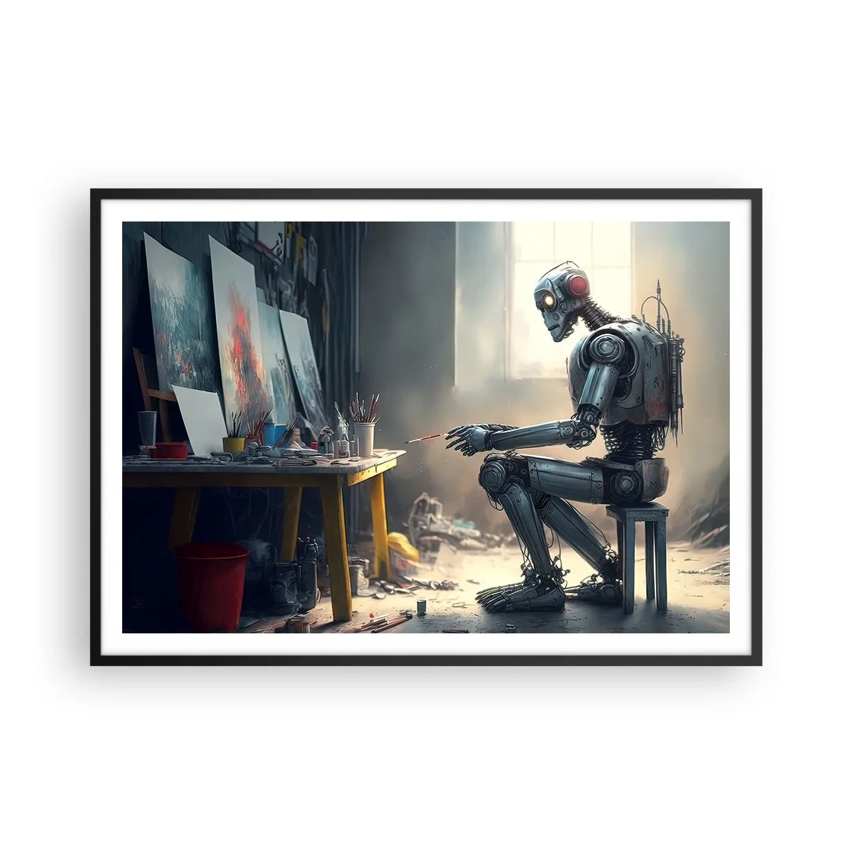 Affiche dans un cadre noir - Poster - Un robot peignant un tableau dans un atelier d'art - 100x70cm - L'acte de création - Décoration murale moderne pour le salon et la chambre ARTTOR