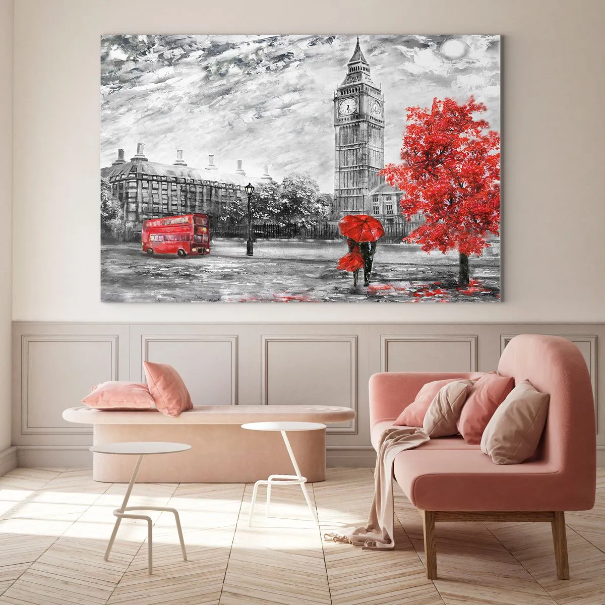 Impression sur verre - Image sur verre - Big Ben avec un bus rouge et un parapluie sur fond d'arbres d'automne - 70x50cm - Une journée passionnante - Décoration murale moderne pour le salon et la chambre ARTTOR