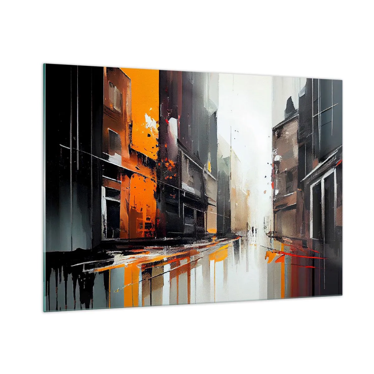 Impression sur verre - Image sur verre - Une rue sous la pluie avec de grands immeubles aux couleurs chaudes - 100x70cm - Jour de pluie - Décoration murale moderne pour le salon et la chambre ARTTOR