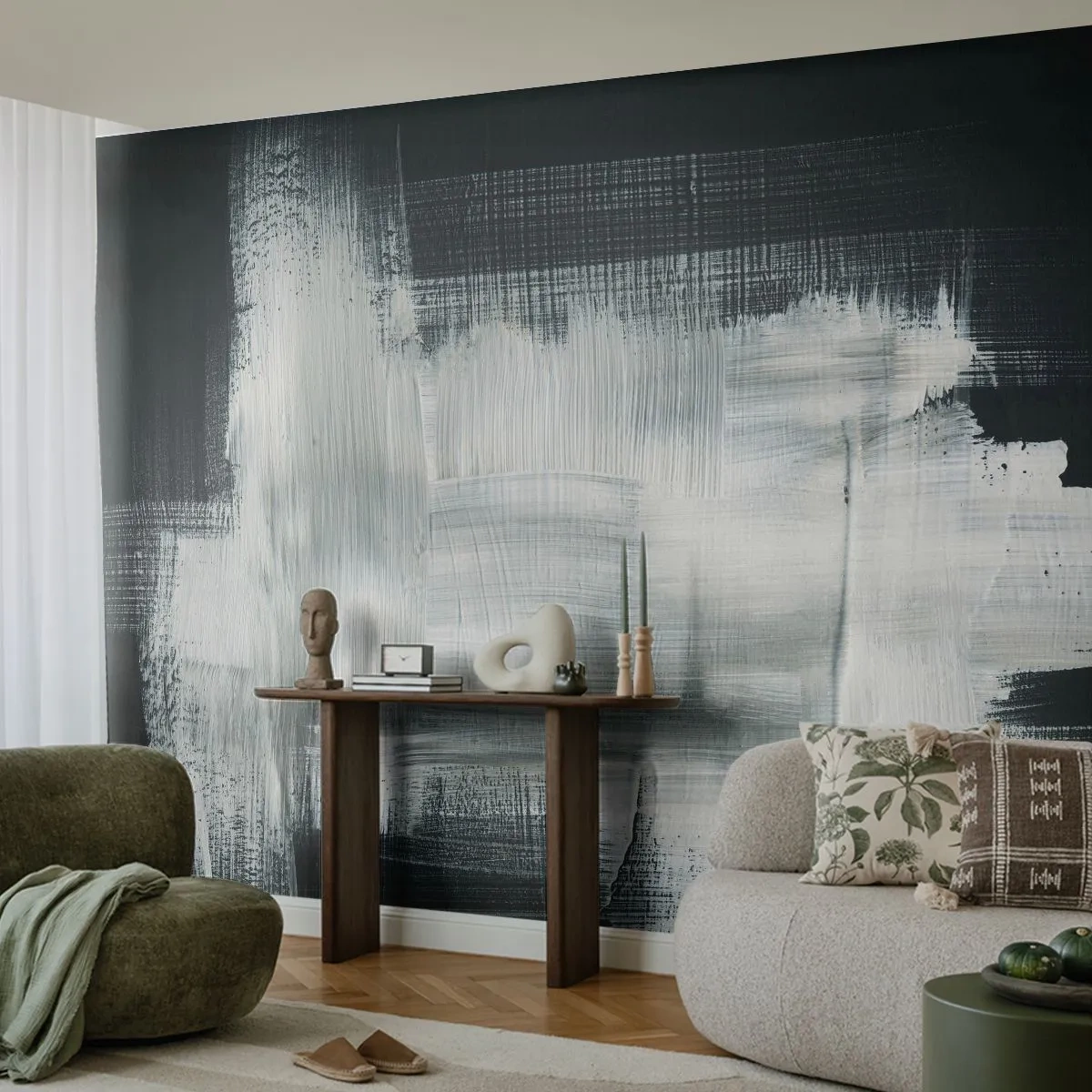 Papier Peint Autocollant Deluxe Sticker - Tissé à la verticale et à l'horizontale - Abstraction, Morceau, Noir et blanc - 250x175 cm