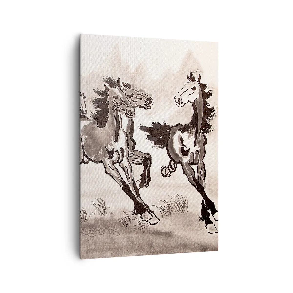 Impression sur toile - Image sur toile - Graphiques dynamiques de chevaux au galop dans un style oriental - 70x100cm - Dans un joyeux galop - Décoration murale moderne pour le salon et la chambre ARTTOR