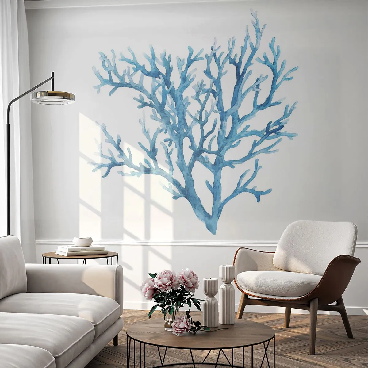 Papier Peint Autocollant Deluxe Sticker - Filigrane nautique - corail, Bord de mer, Minimaliste - 250x175 cm