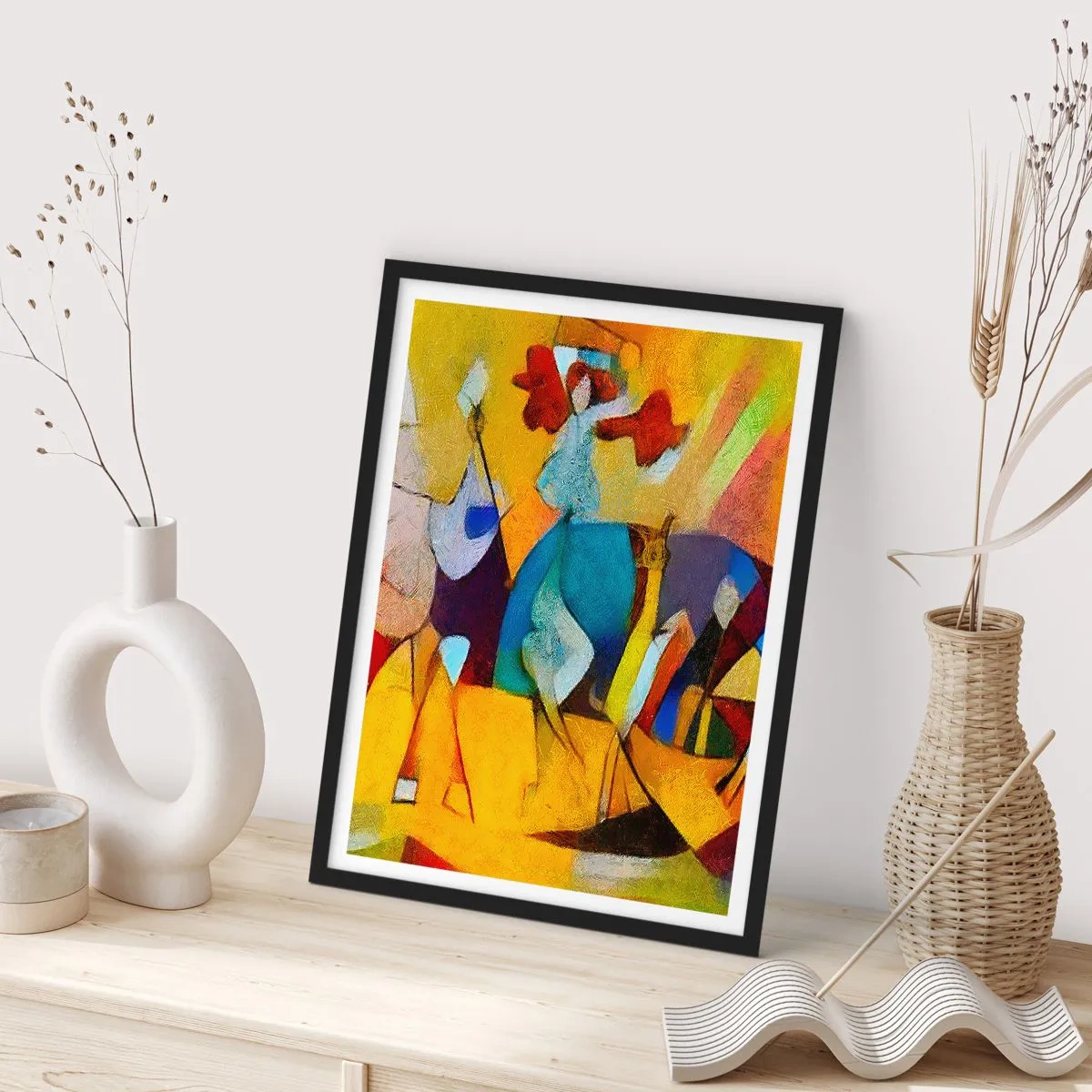 Affiche dans un cadre noir - Poster - Figures colorées dans un style abstrait - 50x70cm - Soleil - vie - joie - Décoration murale moderne pour le salon et la chambre ARTTOR