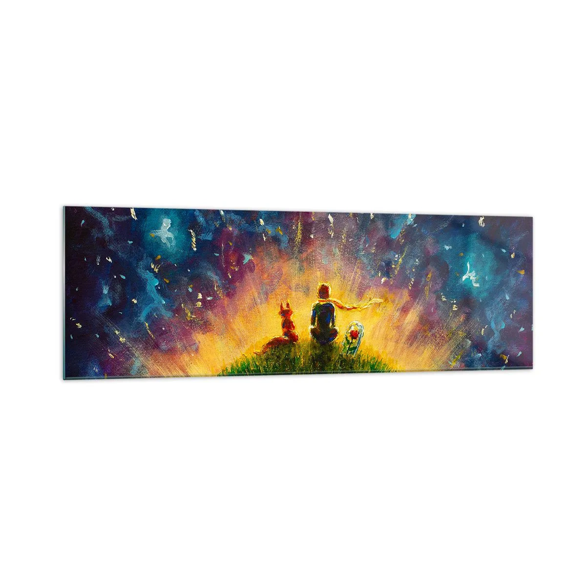 Impression sur verre - Image sur verre - Personnages sur une colline verdoyante entourée d'un ciel étoilé - 160x50cm - Amour et amitié - le monde entier - Décoration murale moderne pour le salon et la chambre ARTTOR