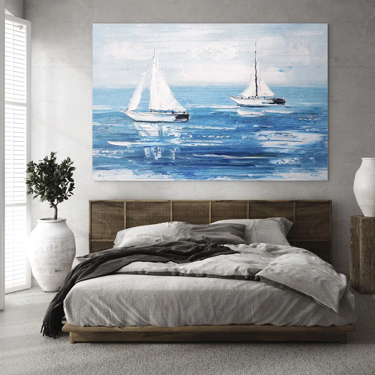 Impression sur verre - Image sur verre - Deux voiliers blancs sur une mer bleue calme - 100x70cm - Avec un ami à mes côtés - Décoration murale moderne pour le salon et la chambre ARTTOR