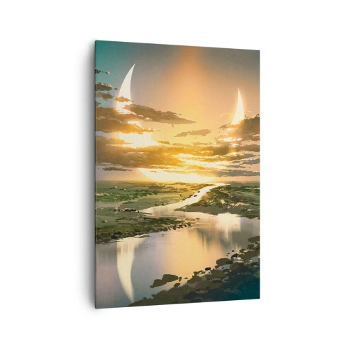 Impression sur toile - Image sur toile - Un paysage fantastique avec deux lunes à l'horizon - 70x100cm - Quelque part dans une galaxie lointaine, très lointaine - Décoration murale moderne pour le salon et la chambre ARTTOR