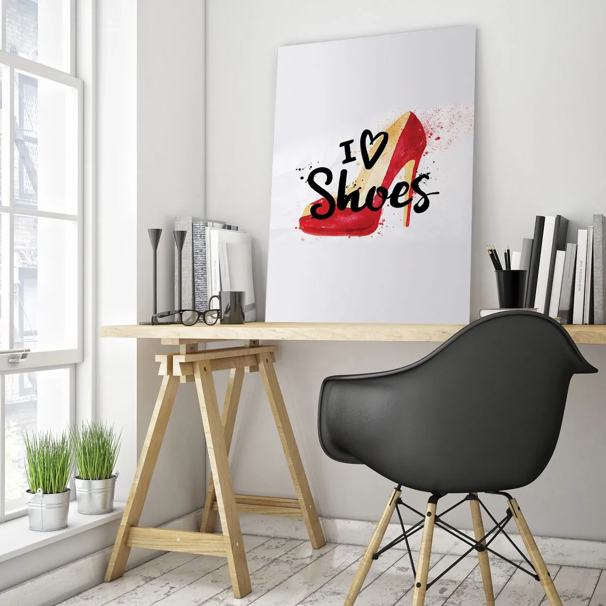 Impression sur verre - Image sur verre - Talon aiguille rouge avec l'inscription I love Shoes sur fond blanc - 70x100cm - L'amour a plusieurs noms - Décoration murale moderne pour le salon et la chambre ARTTOR