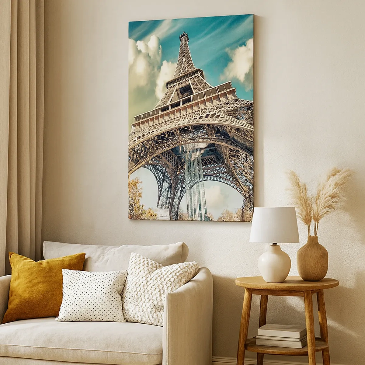 Impression sur toile - Image sur toile - La Tour Eiffel vue d'en bas dans un décor automnal - 50x70cm - Et en automne à Paris... - Décoration murale moderne pour le salon et la chambre ARTTOR