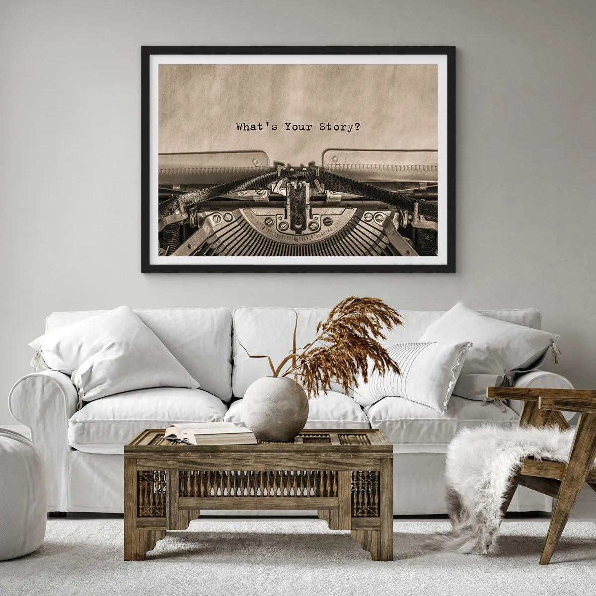 Affiche dans un cadre noir - Poster - Une machine à écrire avec les mots « Quelle est votre histoire ? » - 70x50cm - Réponds-moi - Décoration murale moderne pour le salon et la chambre ARTTOR