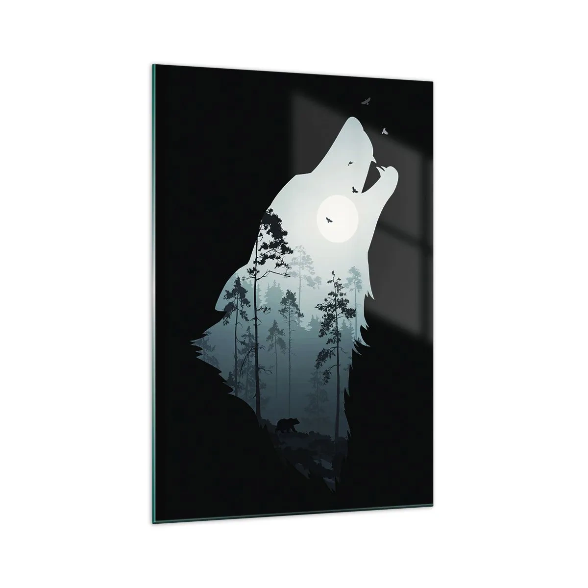 Impression sur verre - Image sur verre - Silhouette d'un loup avec une forêt et la lune en arrière-plan - 70x100cm - La voix de nuit de la forêt - Décoration murale moderne pour le salon et la chambre ARTTOR