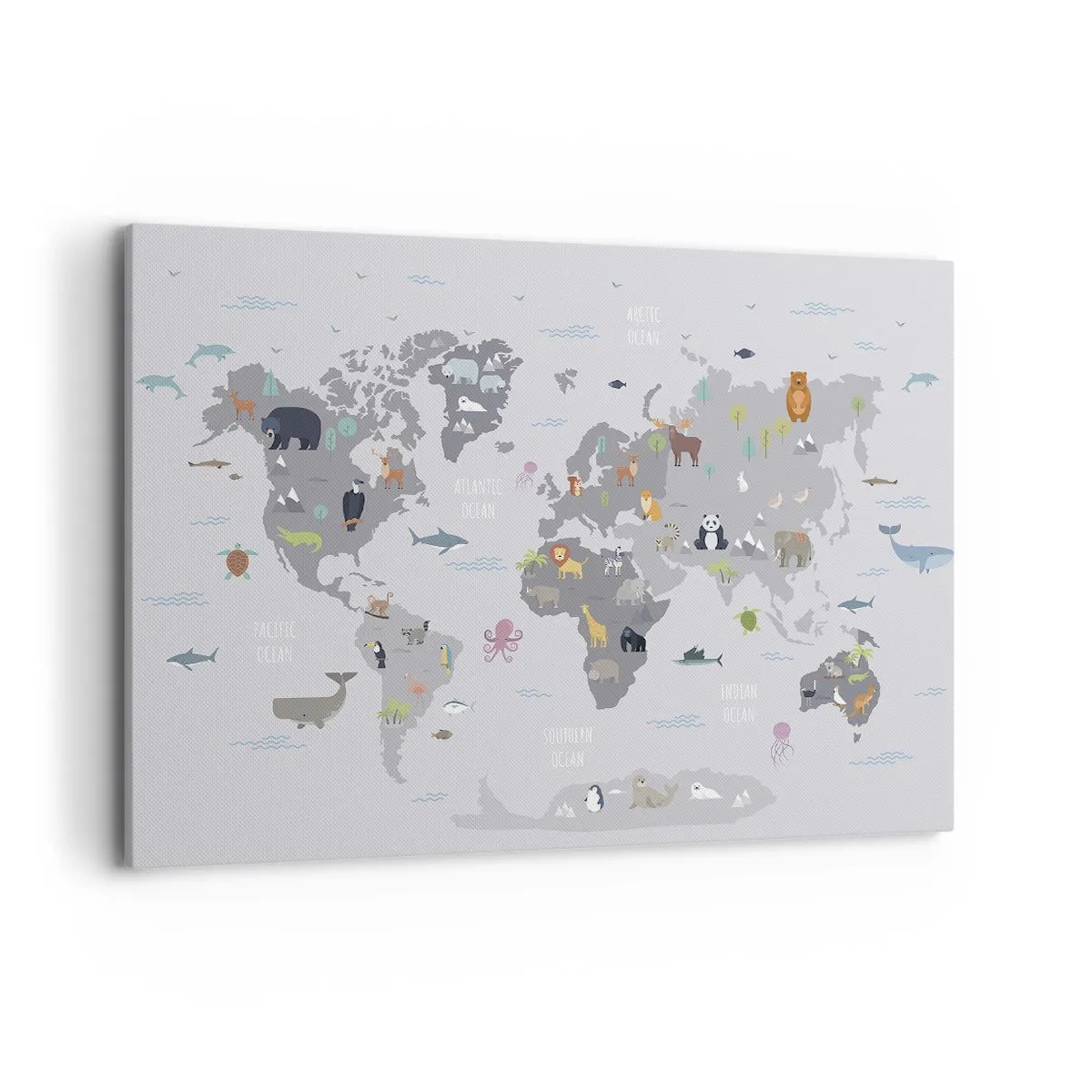 Impression sur toile - Image sur toile - Une carte du monde avec des illustrations d'animaux sur fond gris - 100x70cm - Dis-moi d'où tu viens... - Décoration murale moderne pour le salon et la chambre ARTTOR