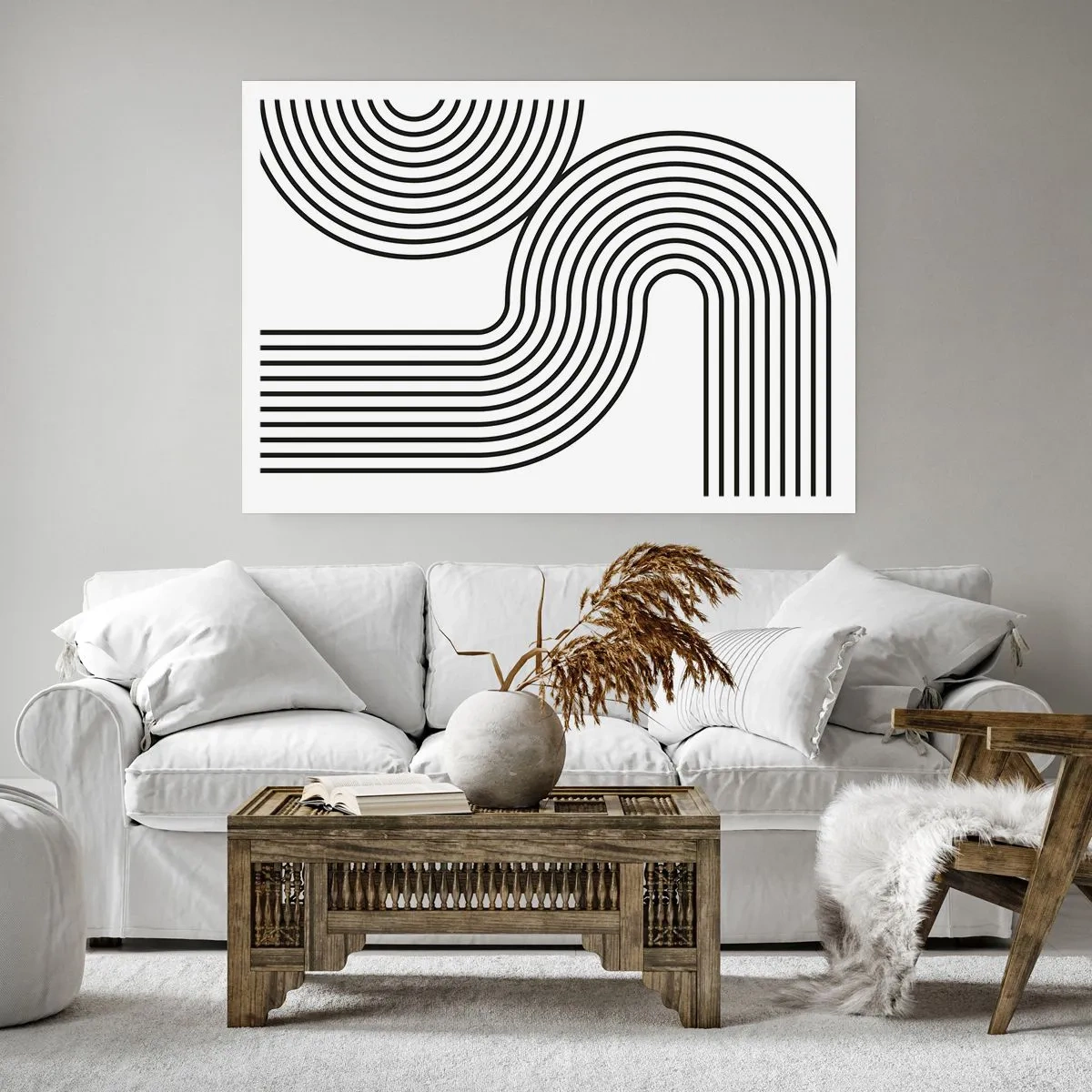 Affiche - Poster - Une peinture abstraite avec des lignes noires créant des motifs géométriques sur un fond blanc. - 100x70cm - En plein virage - Décoration murale moderne pour le salon et la chambre ARTTOR