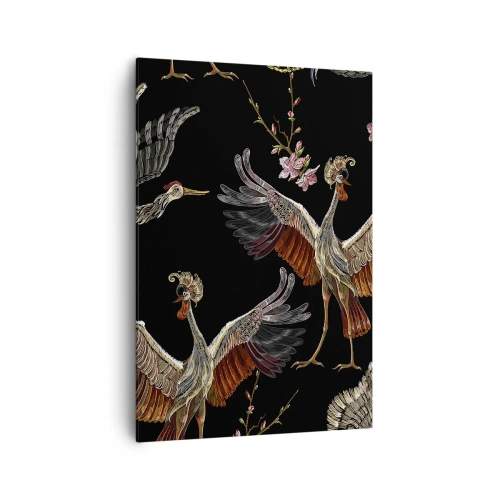 Impression sur toile - Image sur toile - Grues et fleurs élégantes sur fond noir - 70x100cm - Un oiseau de conte de fées - Décoration murale moderne pour le salon et la chambre ARTTOR