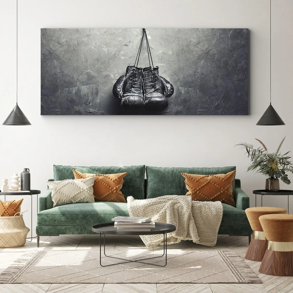 Impression sur toile - Image sur toile - De vieux gants de boxe contre le mur - 140x50cm - Un temps pour se battre et un temps pour la paix - Décoration murale moderne pour le salon et la chambre ARTTOR