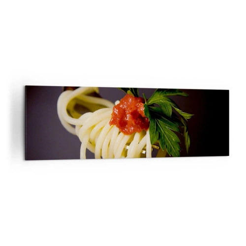 Impression sur toile - Image sur toile - Spaghettis à la fourchette avec sauce tomate et persil - 160x50cm - Une bouchée savoureuse - Décoration murale moderne pour le salon et la chambre ARTTOR