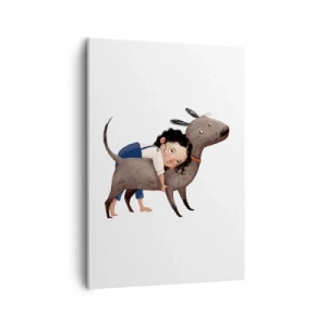 Impression sur toile - Image sur toile - Illustration de style dessin animé d'un enfant serrant un chien dans ses bras - 50x70cm - Les meilleurs amis - Décoration murale moderne pour le salon et la chambre ARTTOR