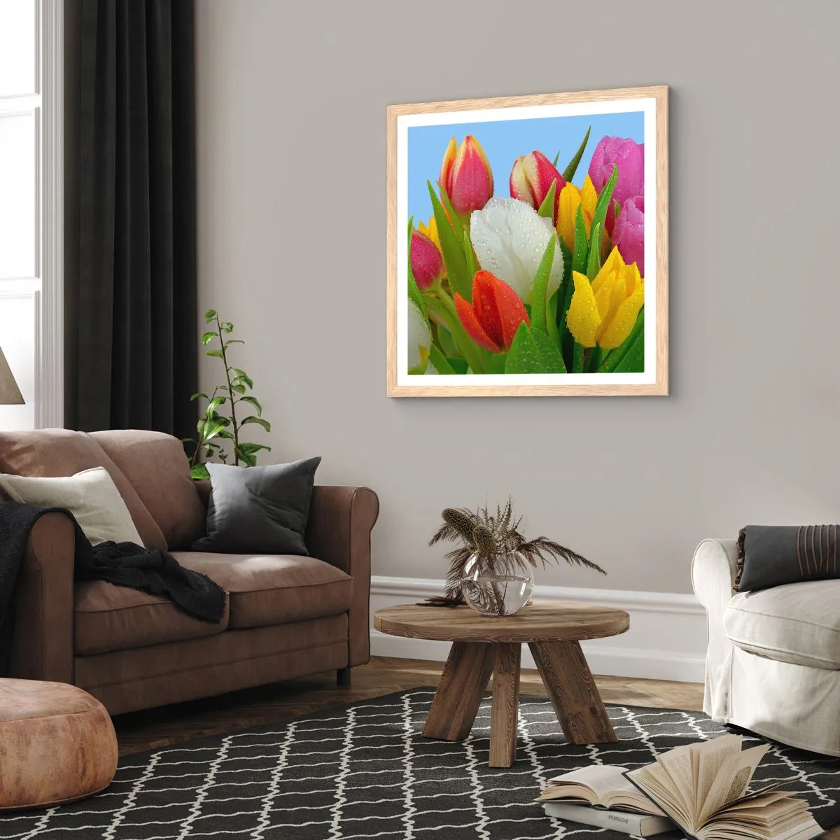 Affiche dans un chêne clair - Poster - Un arc-en-ciel fleuri en gouttes de rosée - 60x60 cm