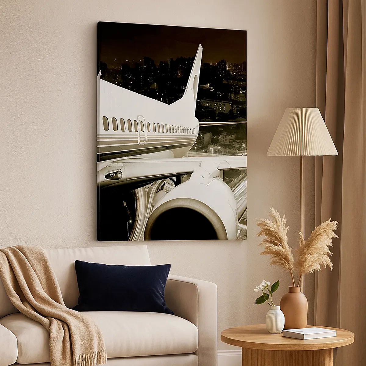 Impression sur toile - Image sur toile - Un avion au-dessus d'une ville nocturne avec des autoroutes illuminées - 50x70cm - Vole dans la nuit - Décoration murale moderne pour le salon et la chambre ARTTOR