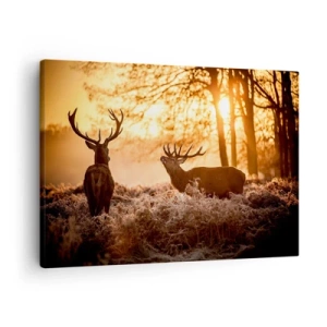 Impression sur toile - Image sur toile - Deux cerfs au coucher du soleil dans un paysage hivernal - 70x50cm - Le rêve d'un chasseur - Décoration murale moderne pour le salon et la chambre ARTTOR