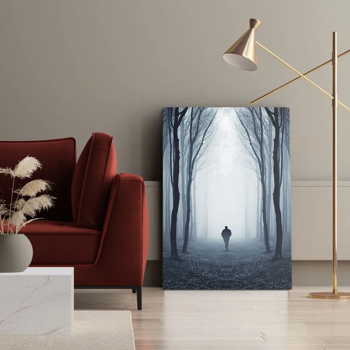 Impression sur toile - Image sur toile - Une silhouette marchant parmi les arbres dans une forêt brumeuse - 80x120cm - Tout est simple et clair - Décoration murale moderne pour le salon et la chambre ARTTOR