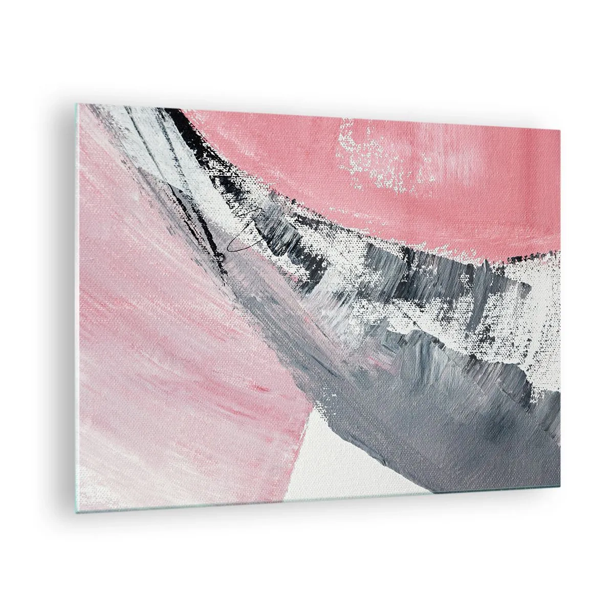 Impression sur verre - Image sur verre - Abstraction moderne en rose, blanc et gris avec texture de coup de pinceau - 70x50cm - Composition assortie - Décoration murale moderne pour le salon et la chambre ARTTOR