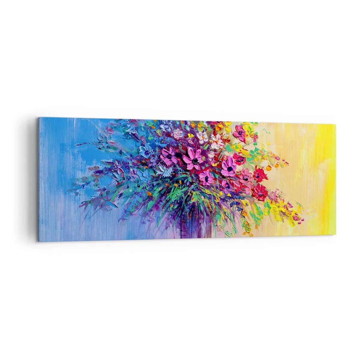 Impression sur toile - Image sur toile - Un bouquet de fleurs colorées dans un vase sur un fond dégradé - 140x50cm - Cadeau d'été de la prairie - Décoration murale moderne pour le salon et la chambre ARTTOR