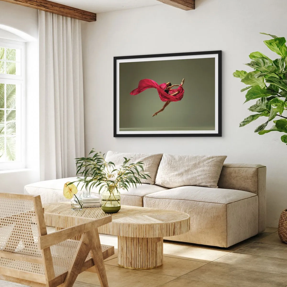 Affiche dans un cadre noir - Poster - Danseuse de ballet dans une pose dynamique avec du tissu rose - 70x50cm - Flamme dansante - Décoration murale moderne pour le salon et la chambre ARTTOR