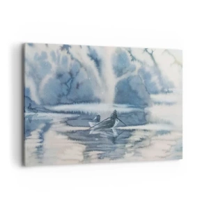 Impression sur toile - Image sur toile - Paysage à l'aquarelle avec des bateaux sur un lac entouré d'une forêt brumeuse - 100x70cm - Les pêcheurs dans leur paradis - Décoration murale moderne pour le salon et la chambre ARTTOR