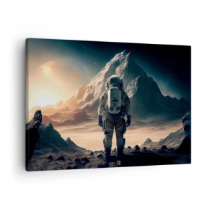 Impression sur toile - Image sur toile - Astronaute sur fond de montagnes majestueuses - 70x50cm - Nouveau défi - Décoration murale moderne pour le salon et la chambre ARTTOR