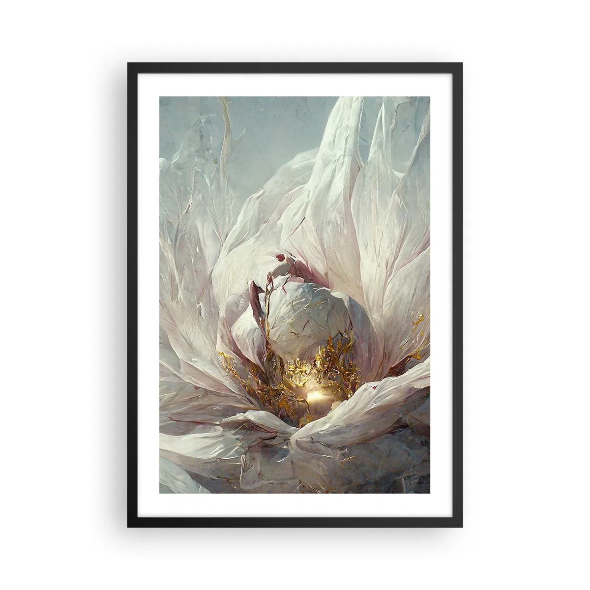 Affiche dans un cadre noir - Poster - Une abstraction subtile avec un motif floral dans des tons délicats de blanc et d'or. - 50x70cm - Il fleurit une fois tous les cent ans - Décoration murale moderne pour le salon et la chambre ARTTOR