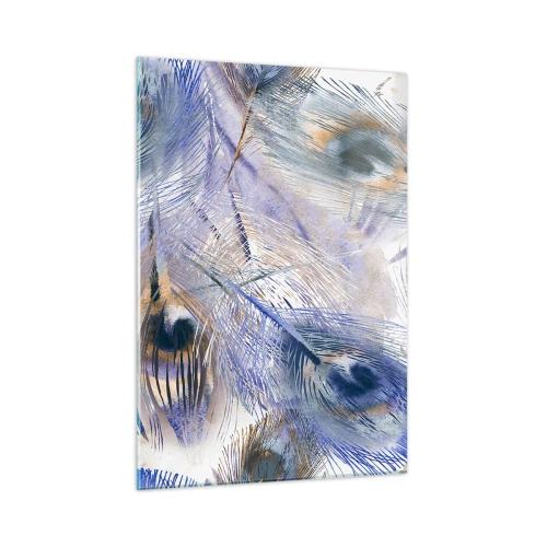 Impression sur verre - Image sur verre - Plumes de paon délicates dans des tons de bleu et de marron - 50x70cm - Composition de paon - Décoration murale moderne pour le salon et la chambre ARTTOR