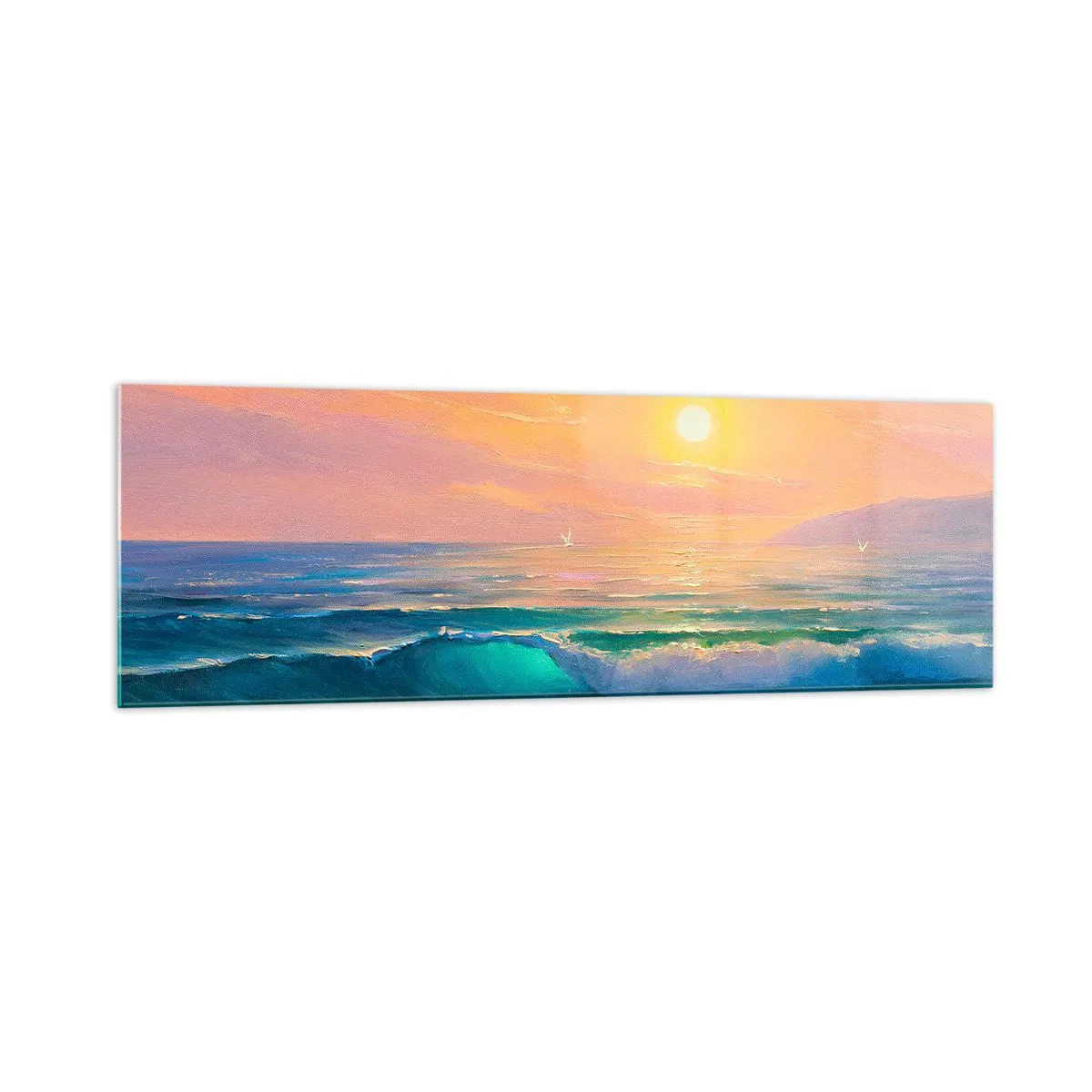 Impression sur verre - Image sur verre - Paysage marin avec coucher de soleil - 160x50cm - Le chant turquoise des vagues - Décoration murale moderne pour le salon et la chambre ARTTOR
