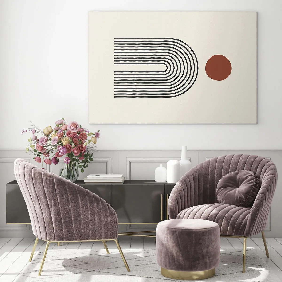 Impression sur verre - Image sur verre - Abstraction graphique avec des lignes et des cercles dans un style rétro - 100x70cm - Le magnétisme des formes et des couleurs - Décoration murale moderne pour le salon et la chambre ARTTOR
