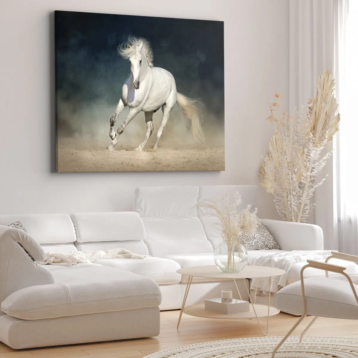 Impression sur toile - Image sur toile - Un cheval blanc galopant dans un ciel flou - 100x70cm - La liberté à l'état pur - Décoration murale moderne pour le salon et la chambre ARTTOR