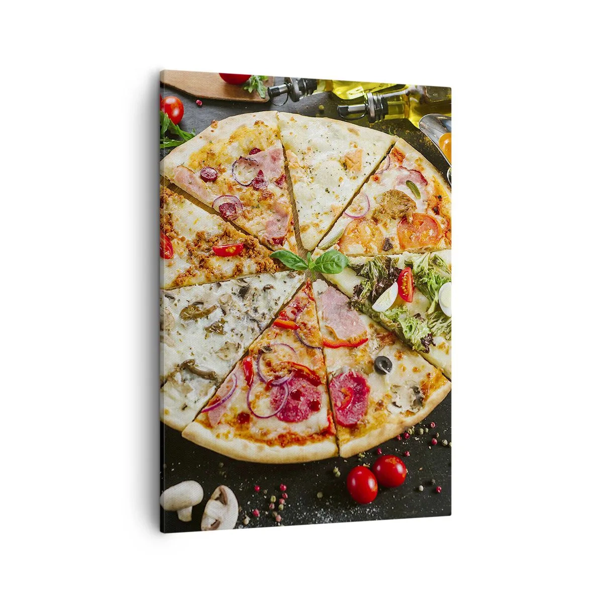 Impression sur toile - Image sur toile - Pizza aux saveurs variées avec un fond de garnitures - 50x70cm - Une gamme de saveurs - Décoration murale moderne pour le salon et la chambre ARTTOR