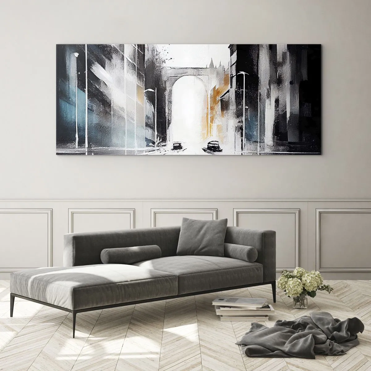 Impression sur verre - Image sur verre - Étude de ville : architecture et mouvement - 100x40 cm