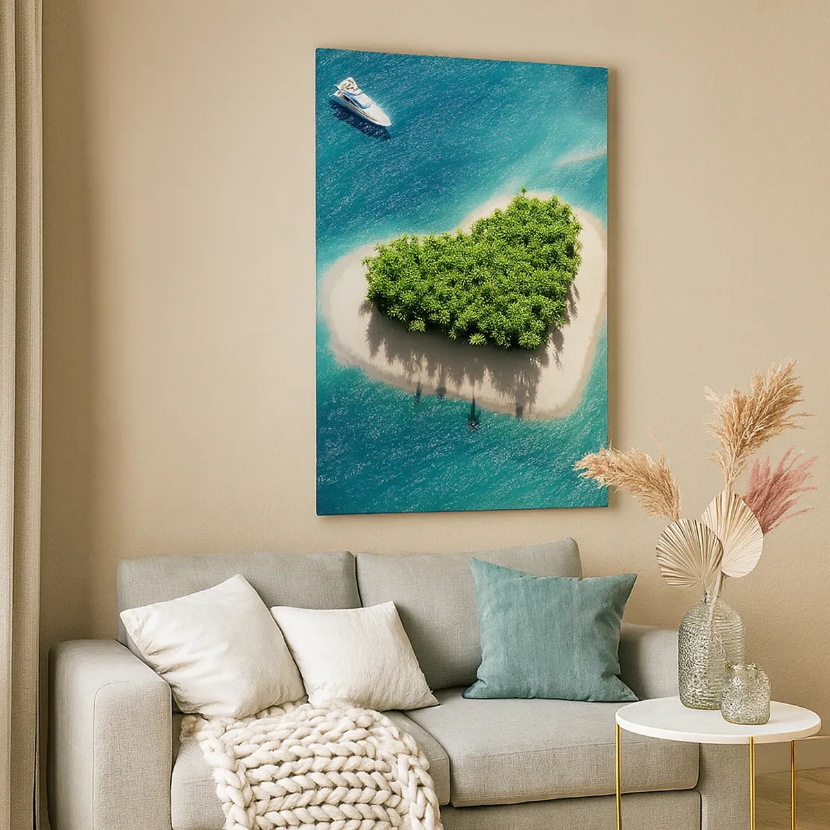 Impression sur toile - Image sur toile - Une île romantique en forme de cœur dans une mer turquoise - 50x70cm - J'aime l'été - Décoration murale moderne pour le salon et la chambre ARTTOR
