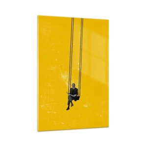 Impression sur verre - Image sur verre - Une personne sur une balançoire sur un fond jaune intense - 70x100cm - Un jour comme tous les jours - Décoration murale moderne pour le salon et la chambre ARTTOR
