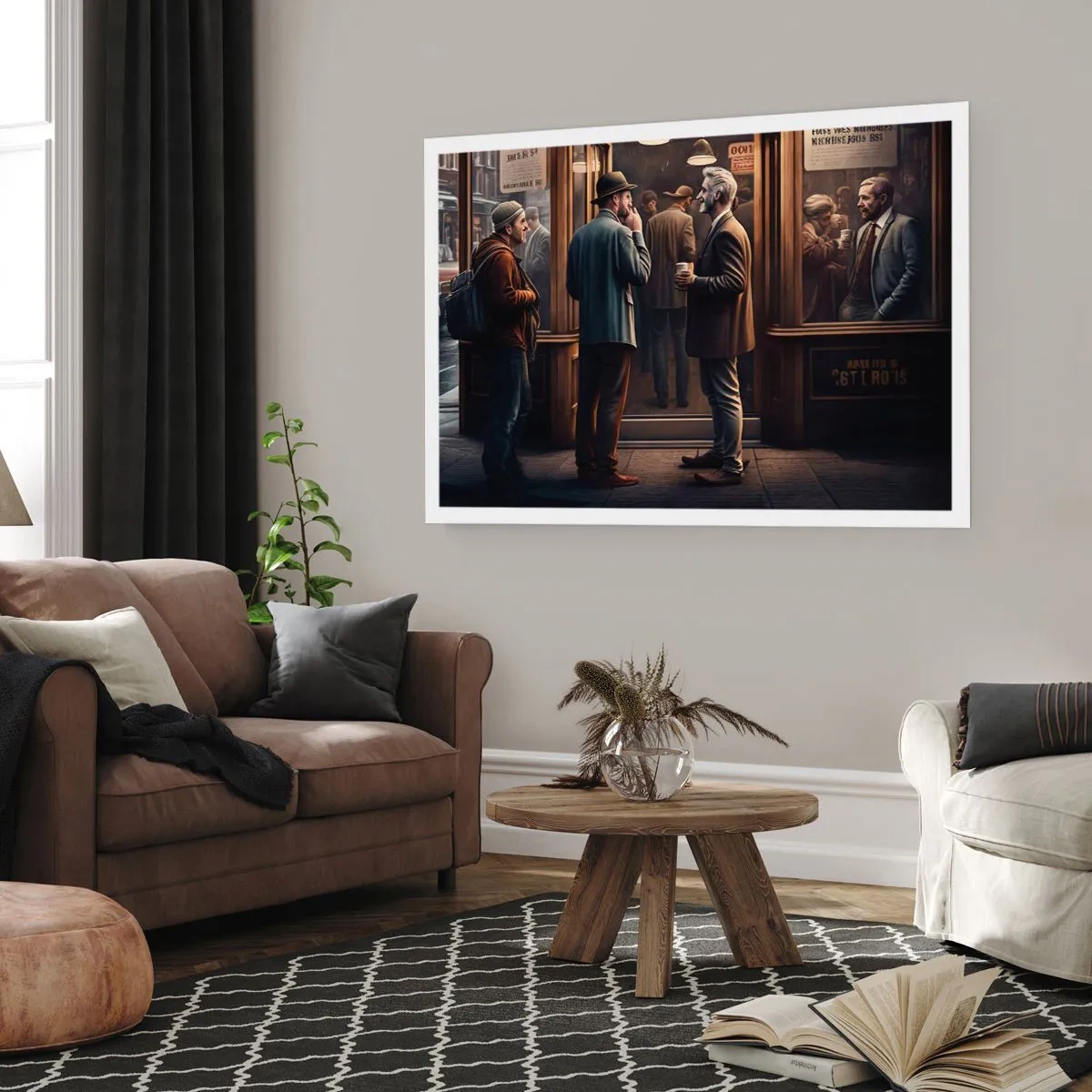 Affiche - Poster - Scène de rue avec des gens devant un café rétro - 100x70cm - Bon moment de la journée - Décoration murale moderne pour le salon et la chambre ARTTOR